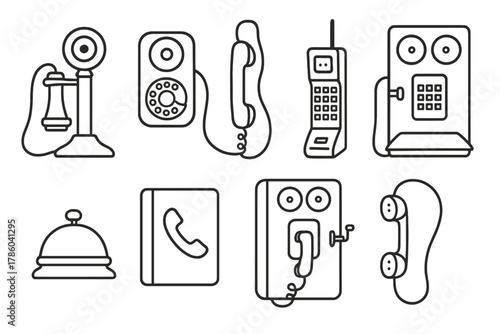 Vintage Telephone Icons. Line style icons of Vintage telephones: candlestick phone, rotary wall phone, early cordless phone, pay
