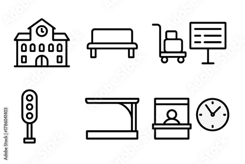 Railway Station Icon Set. Line style icons of Railway Station: Station Building, Waiting Bench, Luggage Cart, Timetable, Signal