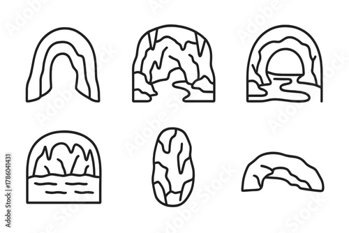 Cave Icons Collection. Line style icons of cave environments: narrow tunnel, wide chamber, underground river, cave lake, vertical