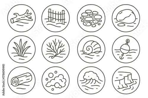 Coastal Elements Icons. Line style icons of coastal elements in round shape: driftwood, dune fence, pebble path, beach rock;