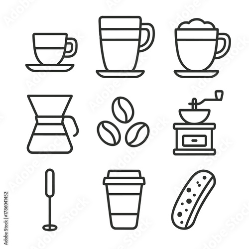 Coffee Icons Collection. Line style icons of Coffee Shop Favorites: espresso shot, latte cup, cappuccino cup, pour-over dripper,