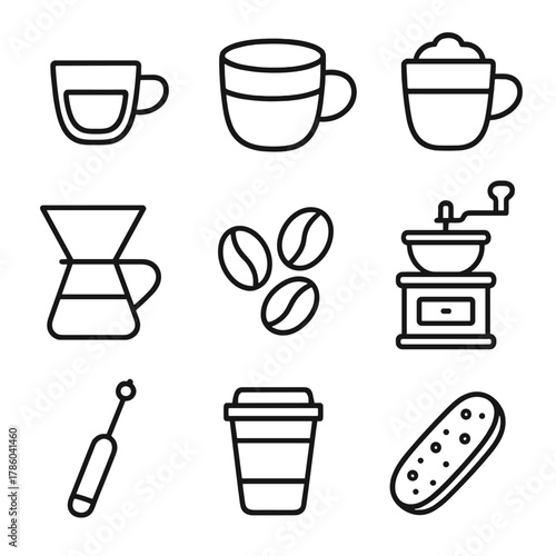 Coffee Icons Collection. Line style icons of Coffee Shop Favorites: espresso shot, latte cup, cappuccino cup, pour-over dripper,