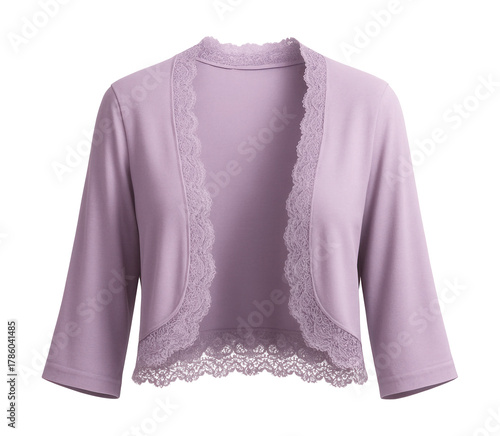 Soft lavender shrug with lace trim and three-quarter sleeves.