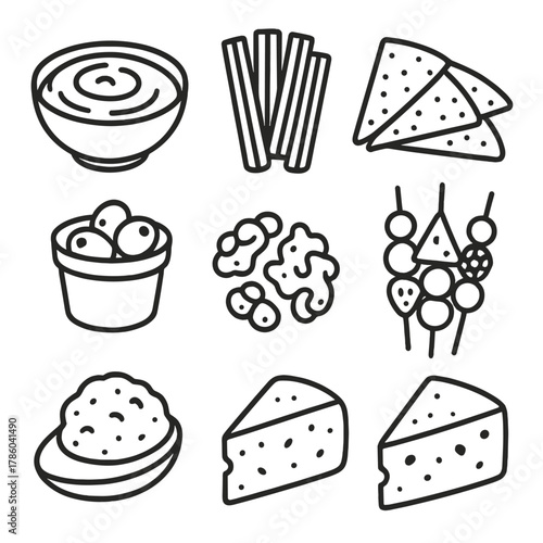 Vegan Snack Platter Icons. Line style icons of Vegan Snack Platter: hummus bowl, carrot sticks, celery spears, pita wedges, olives
