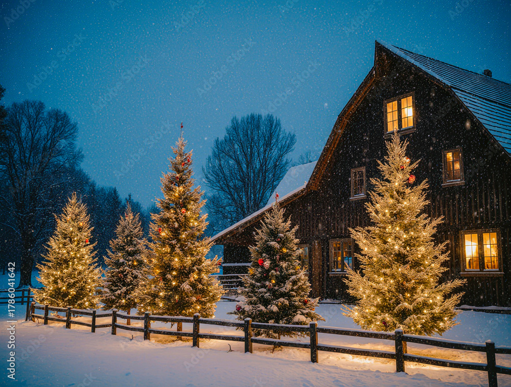 Naklejka premium Cozy log cabin illuminated by christmas lights in a snowy evening