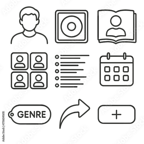 Music Icons Collection. Line style icons of Artist & Album Details: artist portrait, album photo frame, bio book icon, related