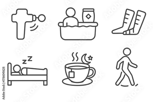 Recovery Icons Set. Line style icons of recovery and regeneration: massage gun, Epsom salt bath, recovery boots, rest day icon,