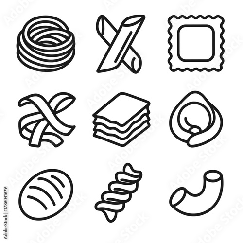 Italian Pasta Icons. Line style icons of Italian Pasta Dishes silhouette: spaghetti nest, penne tube, ravioli square, fettuccine