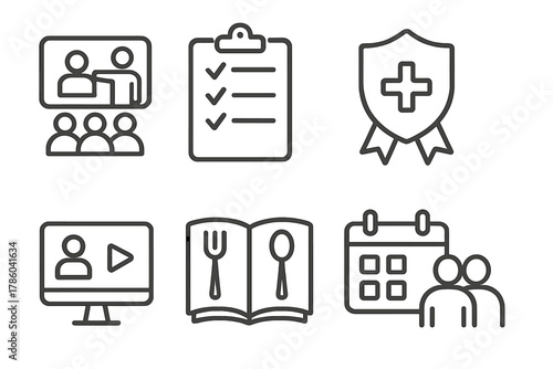 Training Icons Collection. Line style icons of training and onboarding: new staff orientation icon, SOP checklist, safety training