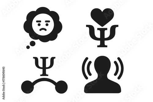 Symbolic Psi Icons. Solid style icons of symbolic psi interaction: thought emoji ring, abstract feeling icon, mental shape