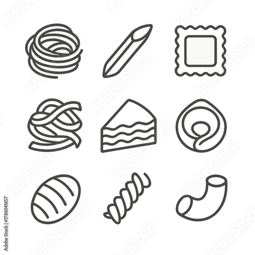 Italian Pasta Icons. Line style icons of Italian Pasta Dishes silhouette: spaghetti nest, penne tube, ravioli square, fettuccine