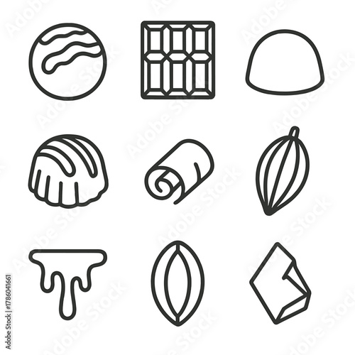Decadent Chocolate Icons. Line style icons of Decadent Chocolates silhouette: truffle sphere, chocolate bar, bonbon, praline shell