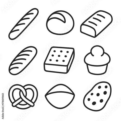 Bread Variety Icons. Line style icons of Bread Varieties silhouette: baguette, sourdough round, ciabatta loaf, rye loaf, focaccia
