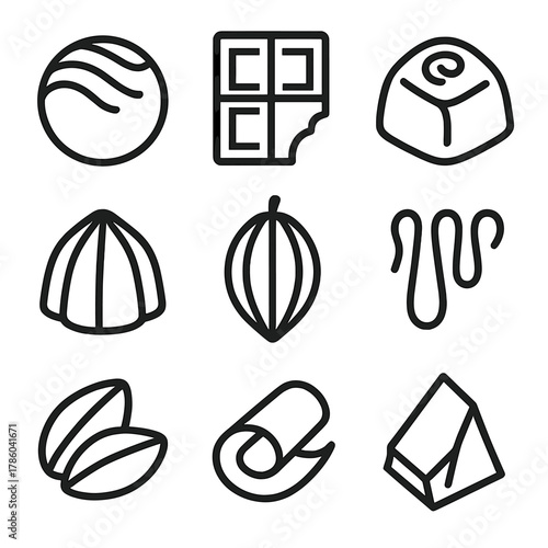 Decadent Chocolate Icons. Line style icons of Decadent Chocolates silhouette: truffle sphere, chocolate bar, bonbon, praline shell