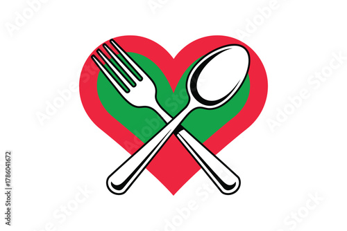 A heart shape with crossed fork and spoon represents a love for food and dining.