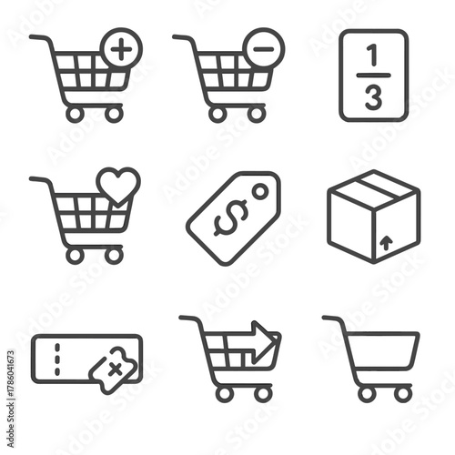 Shopping Cart Icons. Line style icons of Shopping Cart Experience: cart plus, cart minus, quantity selector, save for later heart,