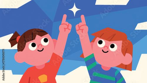 Illustration Of Two Children Pointing At A Star Vector Design Template