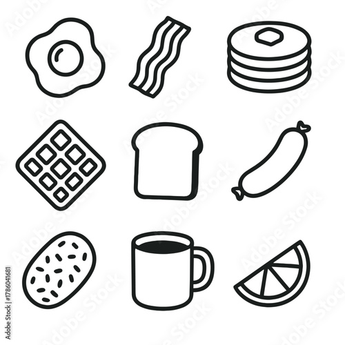 Hearty Breakfast Icons. Line style icons of Hearty Breakfast silhouette: fried egg, bacon strip, pancake stack, waffle square,