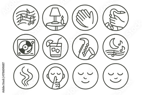Jazz Mood Icons. Line style icons of jazz mood in round shape: swirling music notes, dim lighting, slow tempo, candle on table;