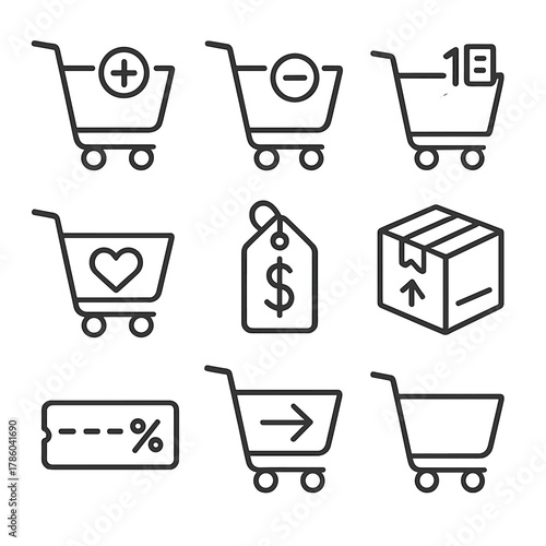Shopping Cart Icons. Line style icons of Shopping Cart Experience: cart plus, cart minus, quantity selector, save for later heart,