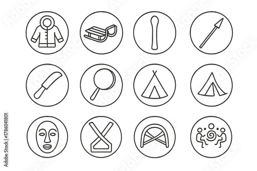 Indigenous Arctic Icons. Line style round vector icons of Indigenous Arctic Culture: Fur Coat, Wooden Sled, Bone Tool, Fishing