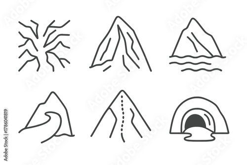 Glacial Feature Icons. Line style icons of glacial features for mapping: crevasse network, icefall icon, glacier terminus line,