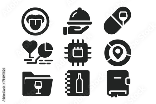 Flavor Memory Icons. Solid style icons of flavor memory and archives: taste memory ring, sip history tray, wine recall capsule.