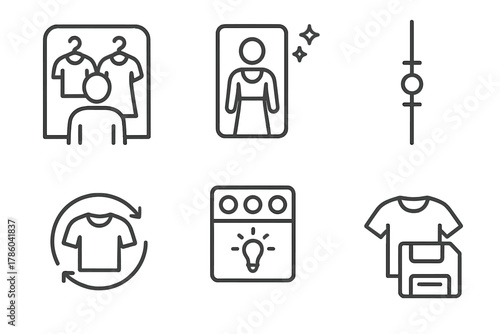 Virtual Fashion Icons. Line style icons of virtual showroom and try-on: avatar try-on room, mirror with AR garment, size adjust