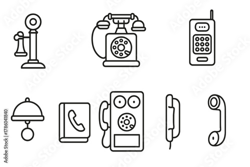 Vintage Telephone Icons. Line style icons of Vintage telephones: candlestick phone, rotary wall phone, early cordless phone, pay