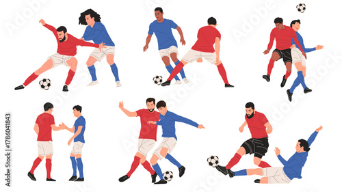 Soccer players in action, football match with red and blue teams competing for the ball, flat vector illustration of dynamic sports moments.Good for poster,event, education,learning and more