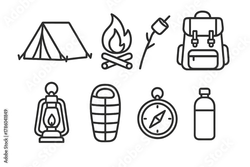 Camping Essentials Icons. Line style icons of Camping basics: tent, campfire, marshmallow on a stick, backpack, lantern, sleeping