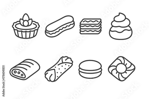 Pastry Icon Collection. Line style icons of Pastry making: tart, éclair, mille-feuille, cream puff, strudel, cannoli, macaron,