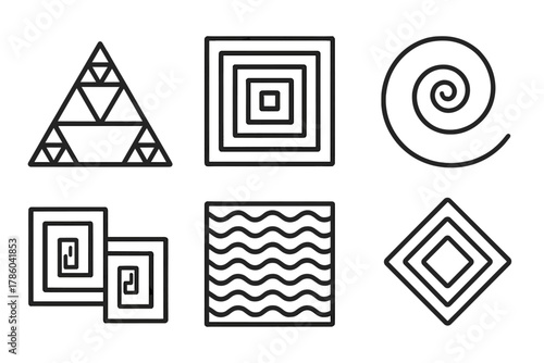 Recursive Pattern Icons. Line style icons of recursive visuals: self-repeating shapes, nested squares, looped spirals, mirror