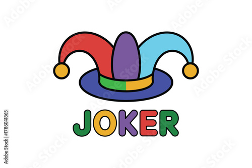 A colorful jester hat with the word JOKER below it is shown against a white background.