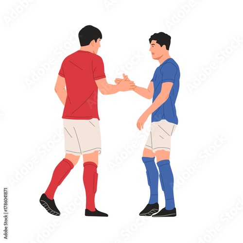 Soccer players in action, football match with red and blue teams competing for the ball, flat vector illustration of dynamic sports moments.Good for poster,event, education,learning and more
