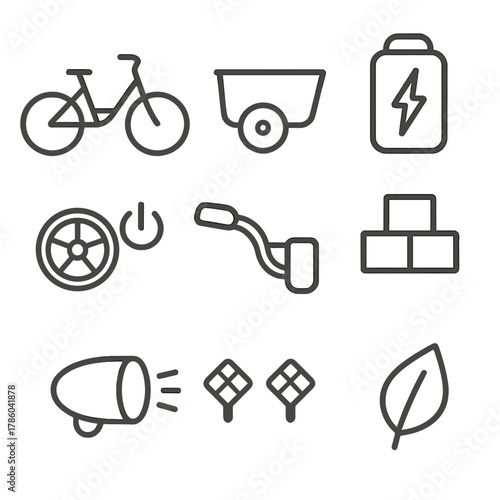 Electric Cargo Bike Icons. Line style icons of Electric Cargo Bikes: cargo bike frame, front box, battery pack, pedal assist icon,