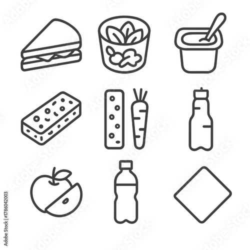 Office Lunch Essentials. Line style icons of Office Lunch Box: sandwich half, salad cup, yogurt pot, granola bar, cheese stick,