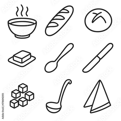 Soup and Bread Icons. Line style icons of Soup and Bread: soup bowl, bread baguette, bread roll, butter pat, soup spoon, bread