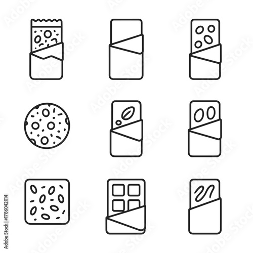 Snack Bar Icons. Line style icons of Snack Bars Selection: granola bar, protein bar, cereal bar, energy ball, fruit bar, nut bar,