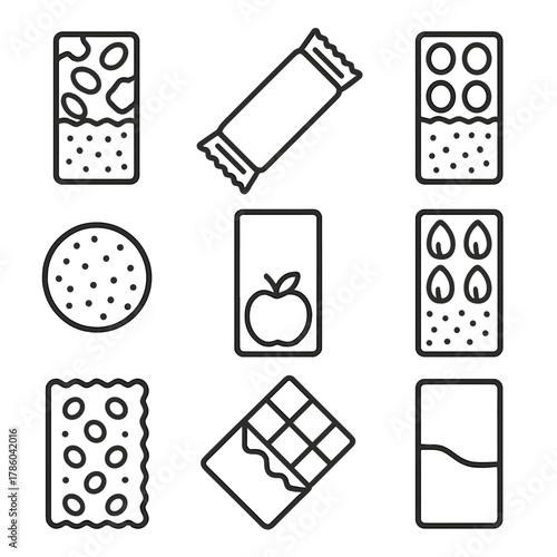 Snack Bar Icons. Line style icons of Snack Bars Selection: granola bar, protein bar, cereal bar, energy ball, fruit bar, nut bar,