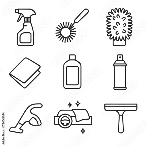 Automotive Cleaning Icons. Line style icons of Automotive Cleaning Supplies: car wash spray, wheel brush, microfiber mitt, drying