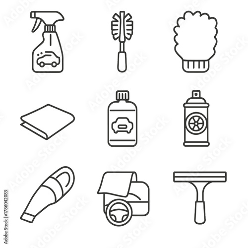 Automotive Cleaning Icons. Line style icons of Automotive Cleaning Supplies: car wash spray, wheel brush, microfiber mitt, drying