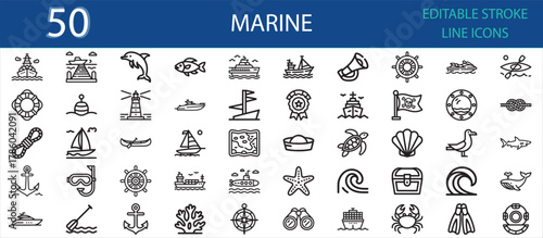 Editable stroke icon pack of marine and nautical elements. Includes ships, anchors, compass, lighthouse, dolphins, fish, waves, shells, steering wheel, scuba, and underwater adventure icons.