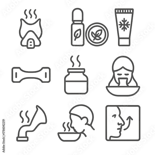 Respiratory Wellness Icons. Line style icons of Respiratory Wellness Aids: steam inhaler mask, essential oil inhaler, eucalyptus
