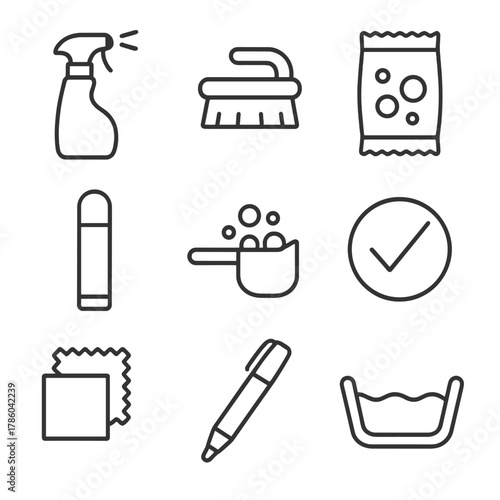 Stain Treatment Essentials Icons. Line style icons of Stain Treatment Essentials: stain remover spray, pretreatment brush, enzyme