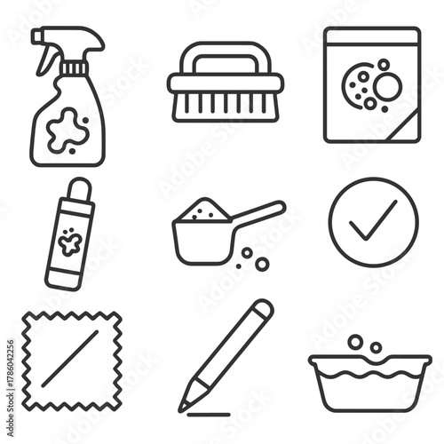 Stain Treatment Essentials Icons. Line style icons of Stain Treatment Essentials: stain remover spray, pretreatment brush, enzyme