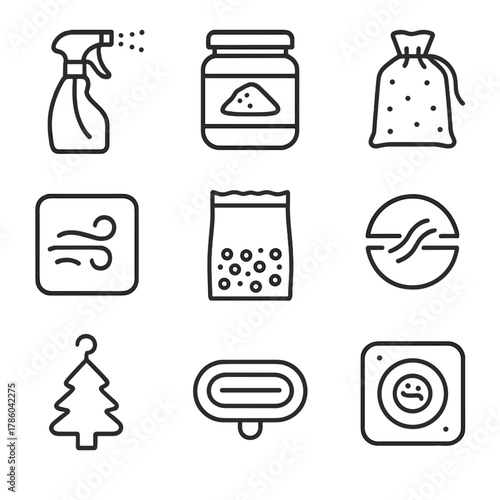 Odor Elimination Icons. Line style icons of Odor Elimination Products: odor neutralizer spray, baking soda jar, charcoal sachet,