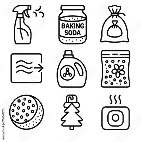 Odor Elimination Icons. Line style icons of Odor Elimination Products: odor neutralizer spray, baking soda jar, charcoal sachet,