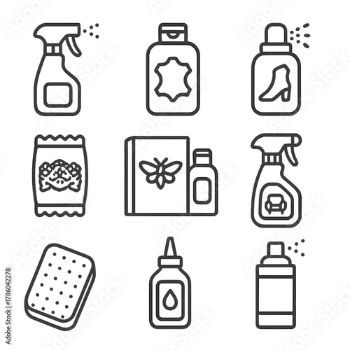 Fabric Treatment Icons. Line style icons of Specialty Fabric Treatments: denim fixer spray, leather conditioner, suede protector,