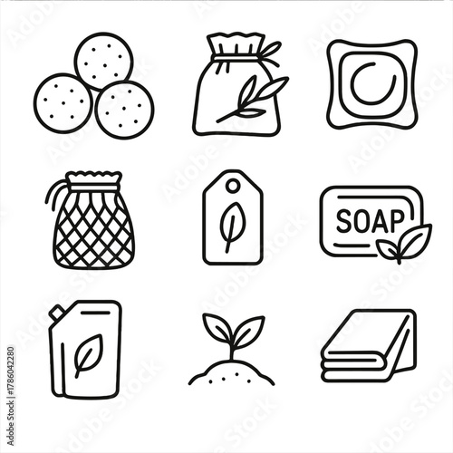Eco Laundry Icons. Line style icons of Eco-Friendly Laundry Solutions: wool dryer balls, bamboo laundry sachet, biodegradable pod,